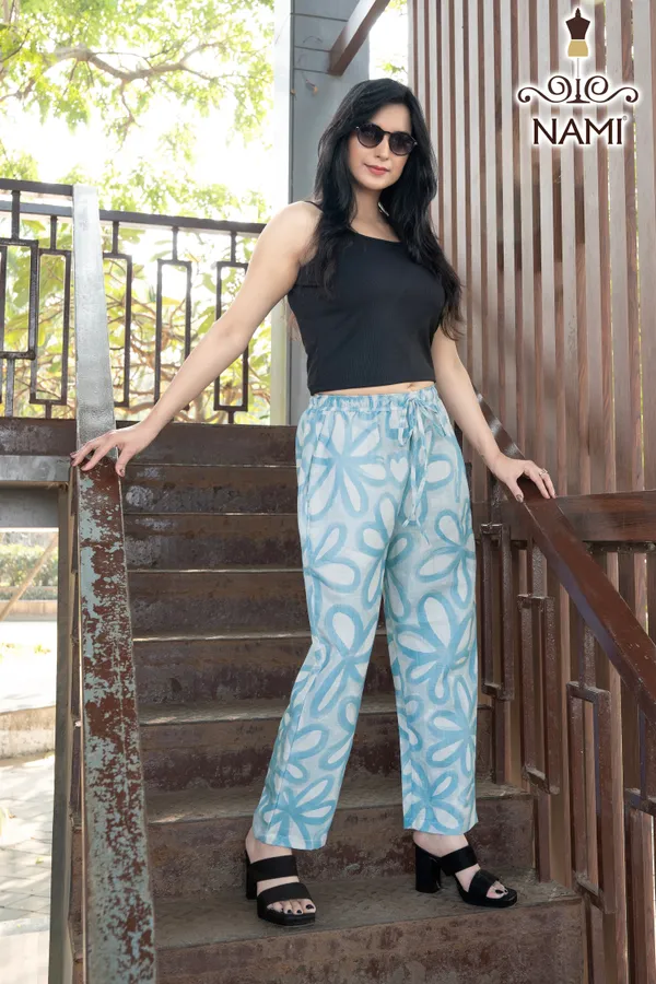 Light_Blue_Floral_Print_Cotton_Pants_For_Women