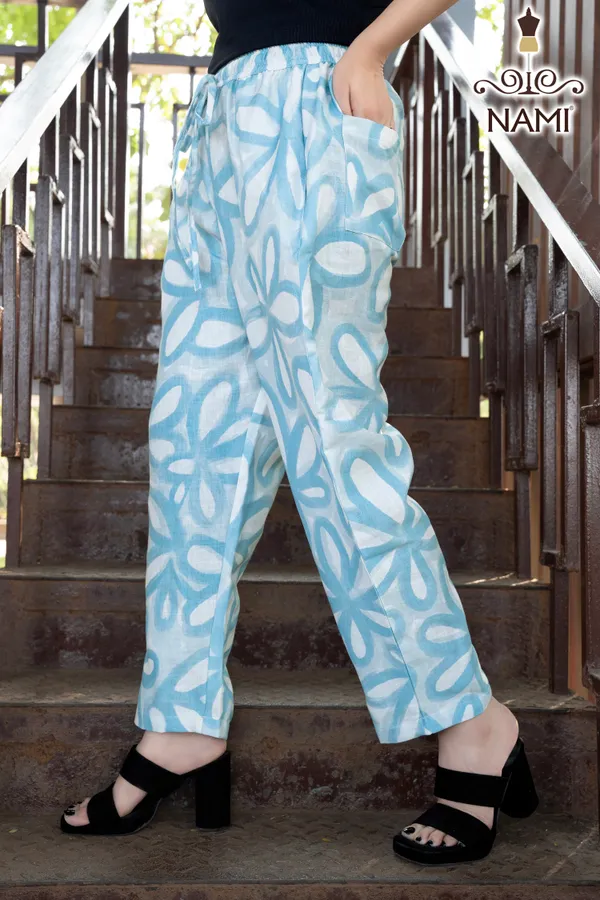 Light_Blue_Floral_Print_Cotton_Pants_For_Women