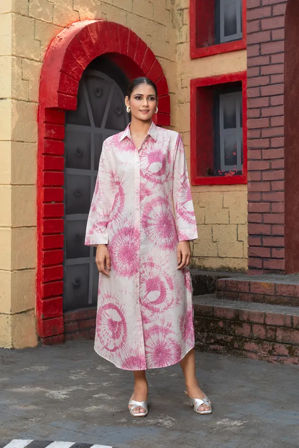 White_And_Pink_Tie-Dye_Long_Shirt_Dress_For_Women