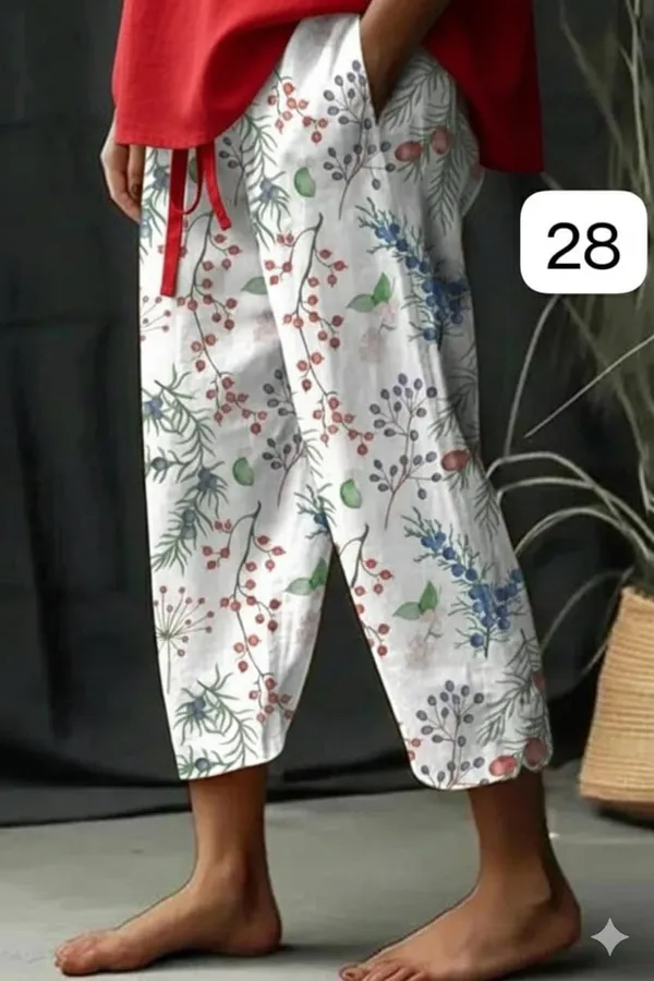 White_Line_Print_Cotton_Pants_For_Women_