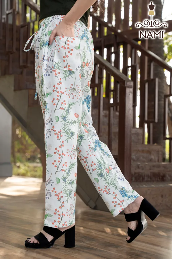 White_Line_Print_Cotton_Pants_For_Women_