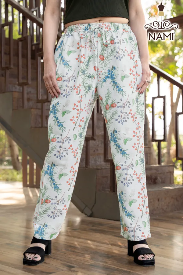 White_Line_Print_Cotton_Pants_For_Women_
