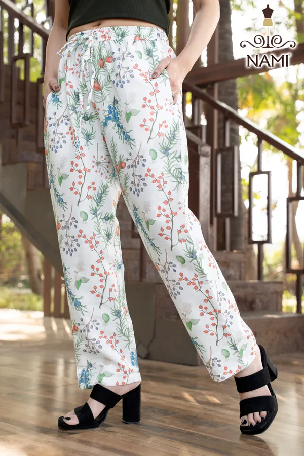 White_Line_Print_Cotton_Pants_For_Women_