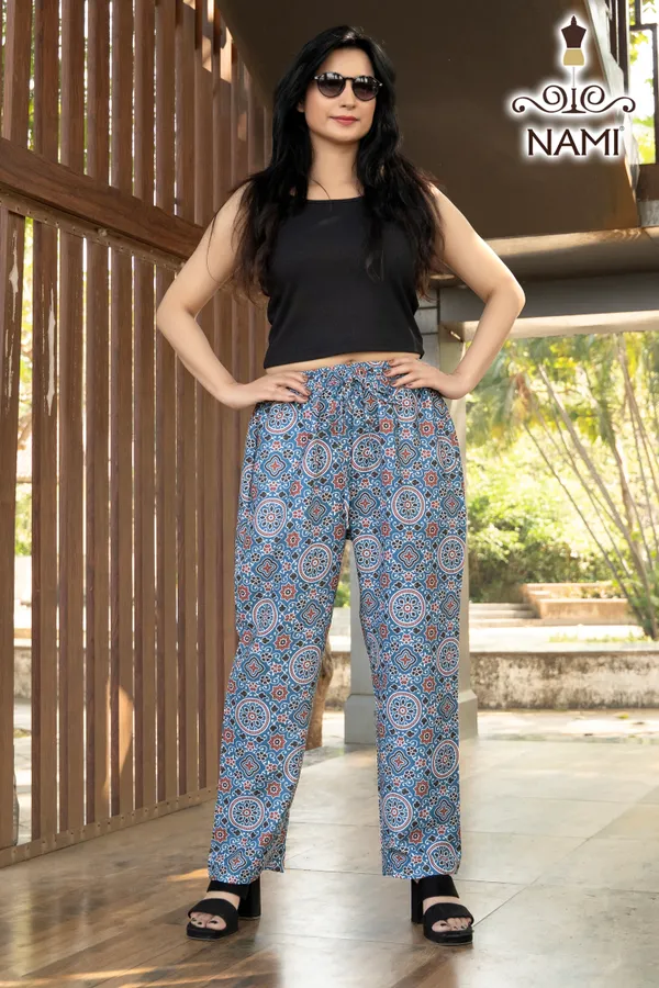 Light_Blue_Azrak_Floral_Print_Cotton_Pants_For_Women
