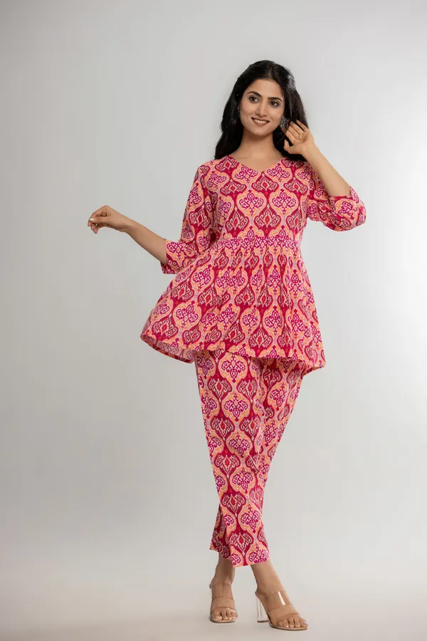 Peach_Premium_Cotton_Floral_Print_Co-Ord_Set_For_Women_&_Girls