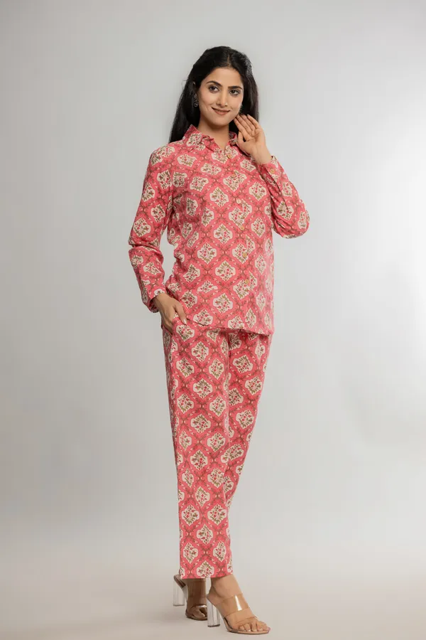 Peach_Premium_Cotton_Floral_Print_Co-Ord_Set_For_Women_&_Girls
