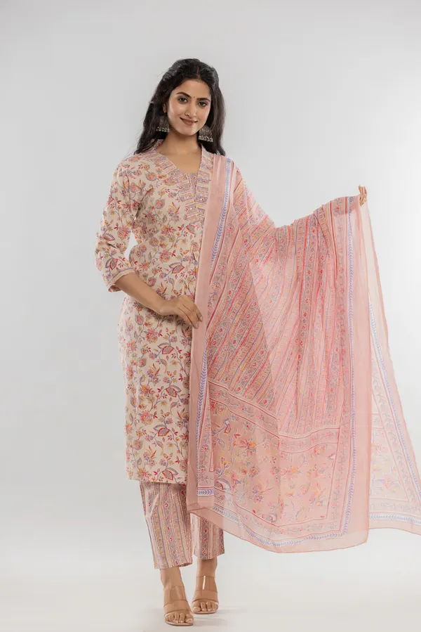 Beige_Premium_Cotton_Floral_Print_Kurti_Set_For_Women_&_Girls