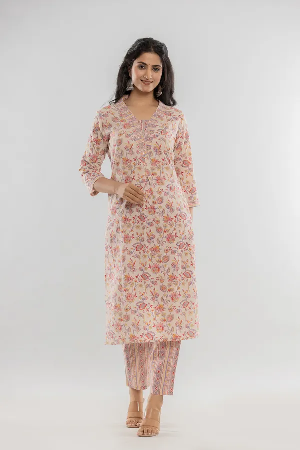 Beige_Premium_Cotton_Floral_Print_Kurti_Set_For_Women_&_Girls