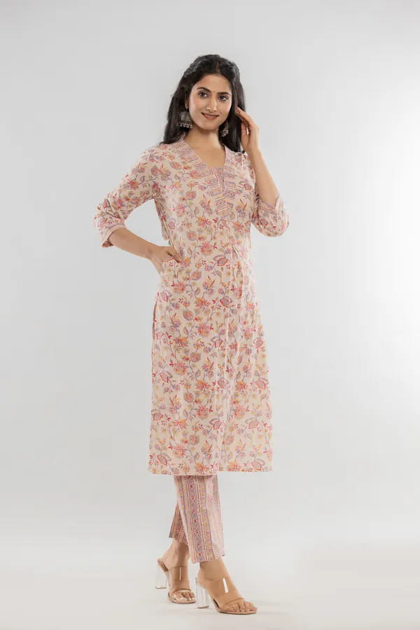 Beige_Premium_Cotton_Floral_Print_Kurti_Set_For_Women_&_Girls