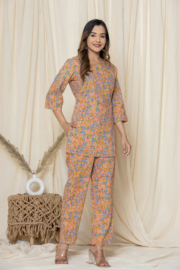 Orange_Premium_Cotton_Floral_Print_Night_Suit_For_Women_&_Girls