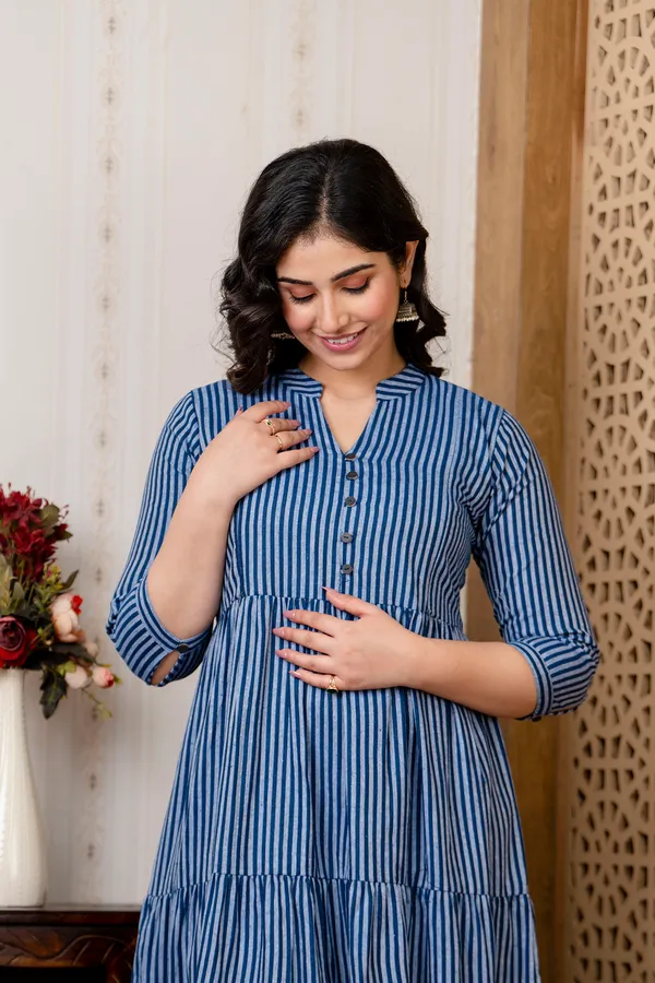 South_Cotton_Blue_Lining_Printed_Flared_Maternity_Dress