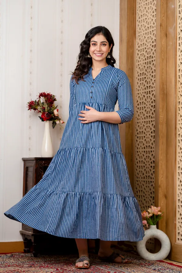 South_Cotton_Blue_Lining_Printed_Flared_Maternity_Dress