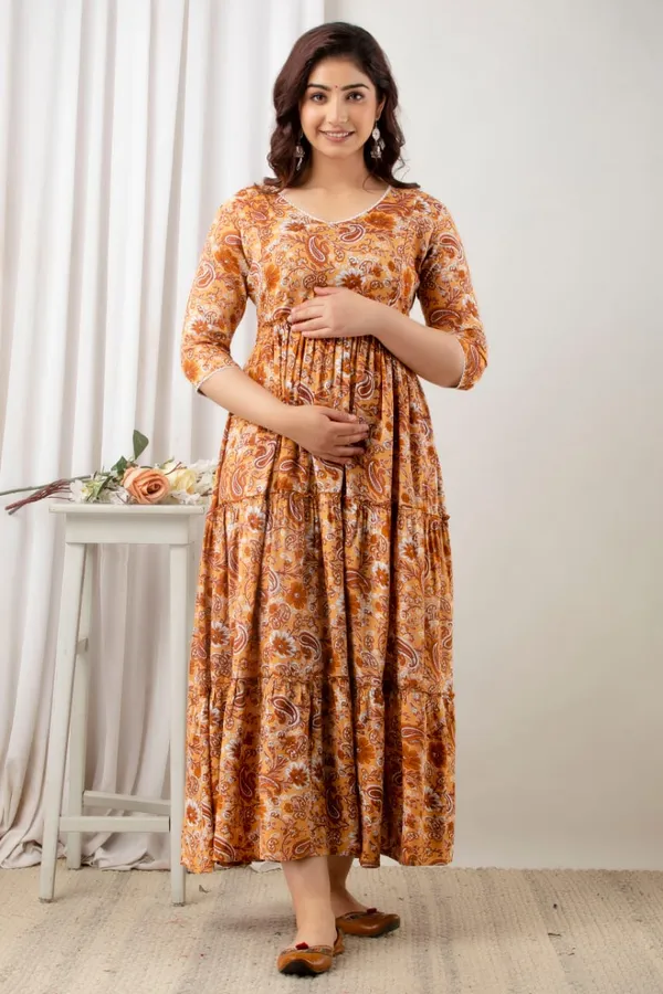 BEIGE_PRINTED_MATERNITY_DRESS