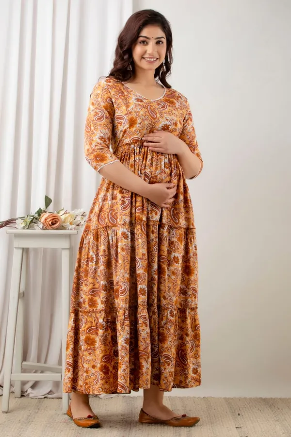 BEIGE_PRINTED_MATERNITY_DRESS