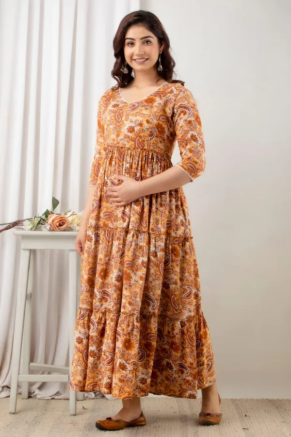 BEIGE_PRINTED_MATERNITY_DRESS