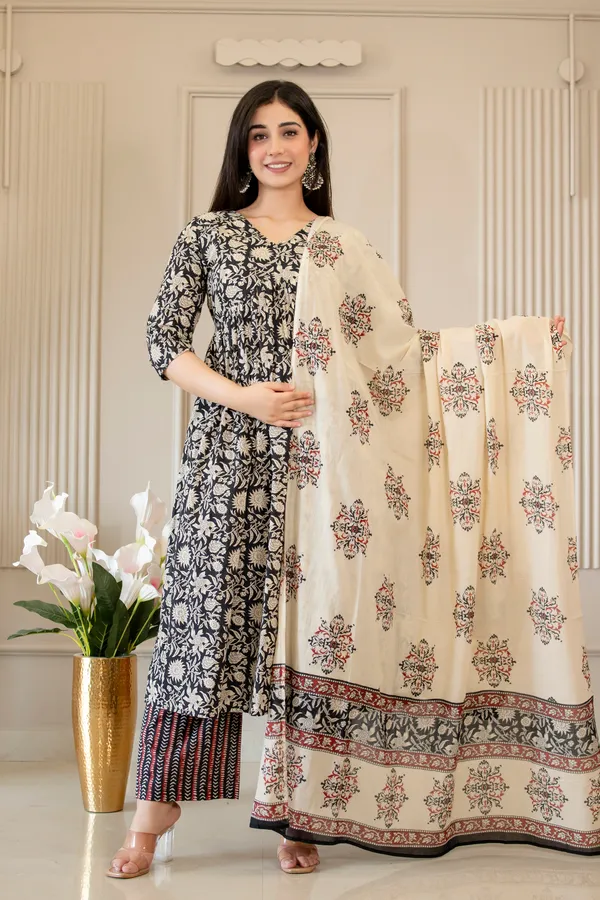 Black_&_White_Sunflower_Printed_Cotton_Kurta_Set