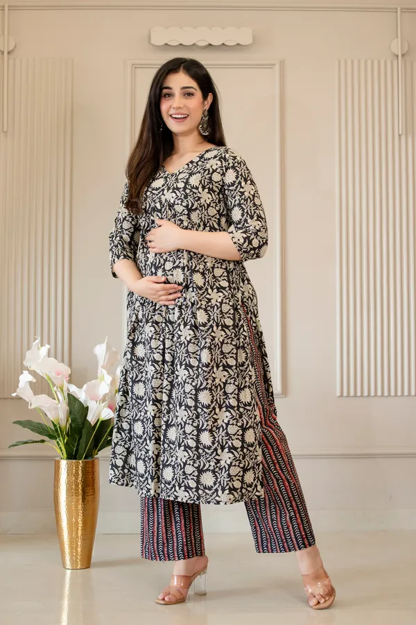 Black_&_White_Sunflower_Printed_Cotton_Kurta_Set