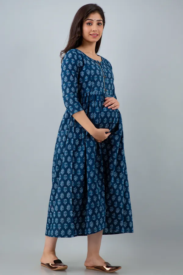 Blue_Butti_Printed_Cotton_Maternity_&_Nursing_Dress