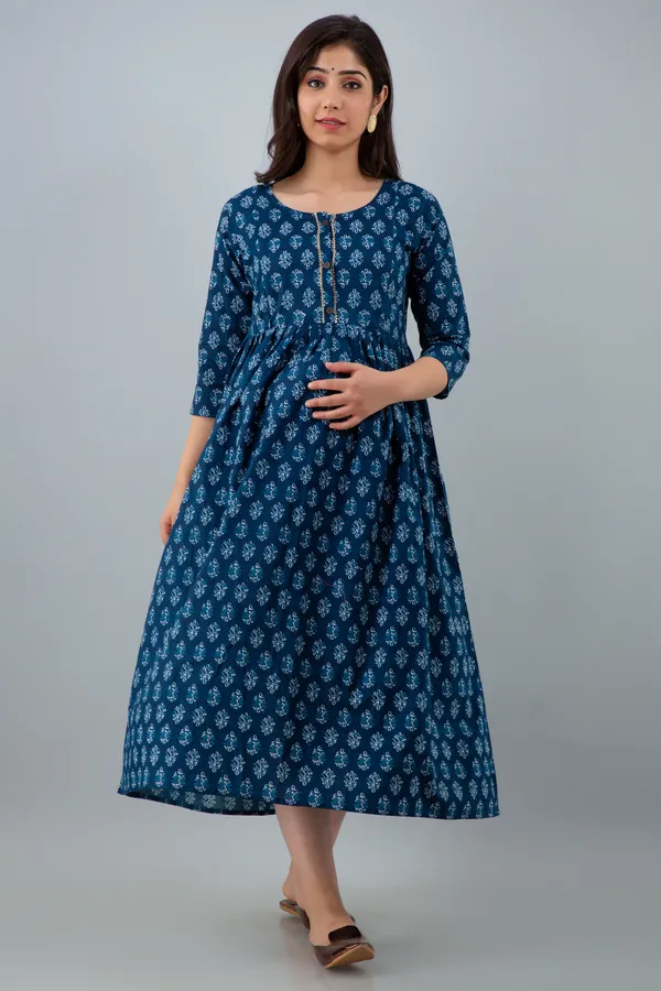 Blue_Butti_Printed_Cotton_Maternity_&_Nursing_Dress