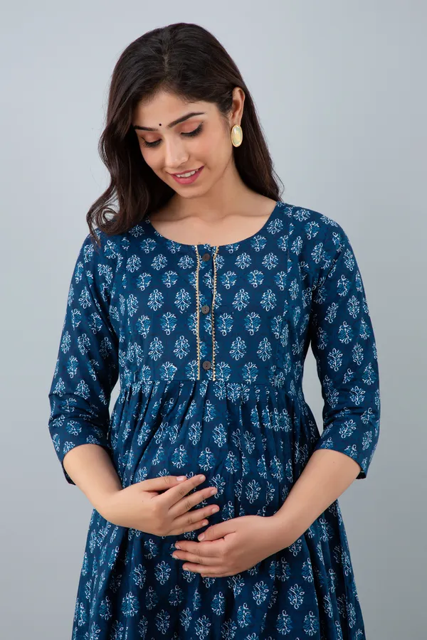 Blue_Butti_Printed_Cotton_Maternity_&_Nursing_Dress