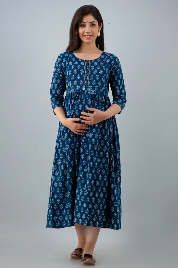 Blue_Butti_Printed_Cotton_Maternity_&_Nursing_Dress