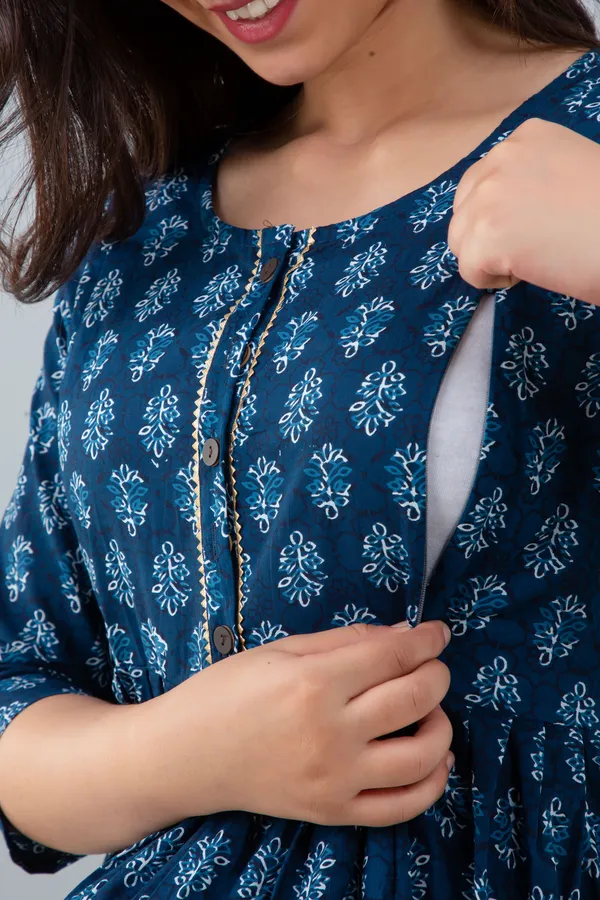 Blue_Butti_Printed_Cotton_Maternity_&_Nursing_Dress