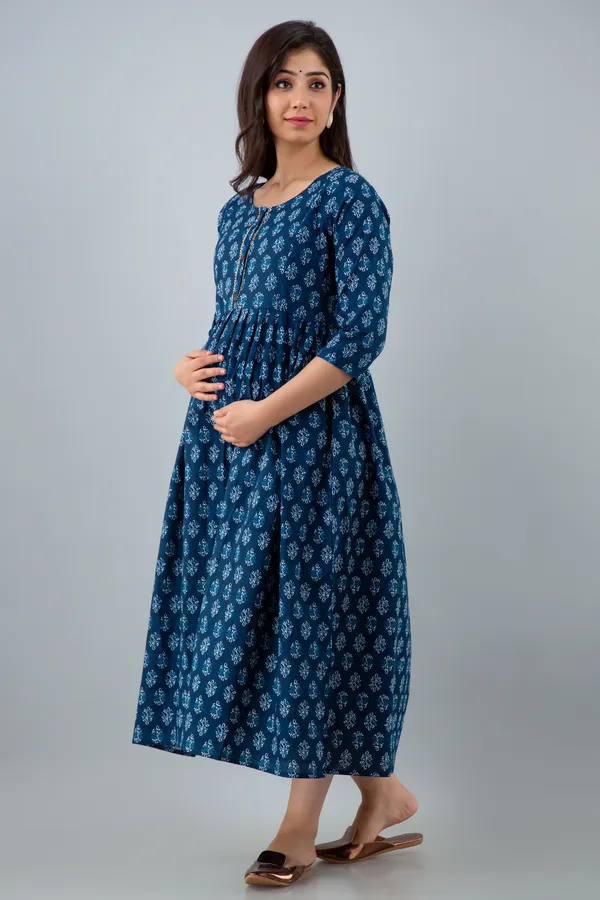 Blue_Butti_Printed_Cotton_Maternity_&_Nursing_Dress