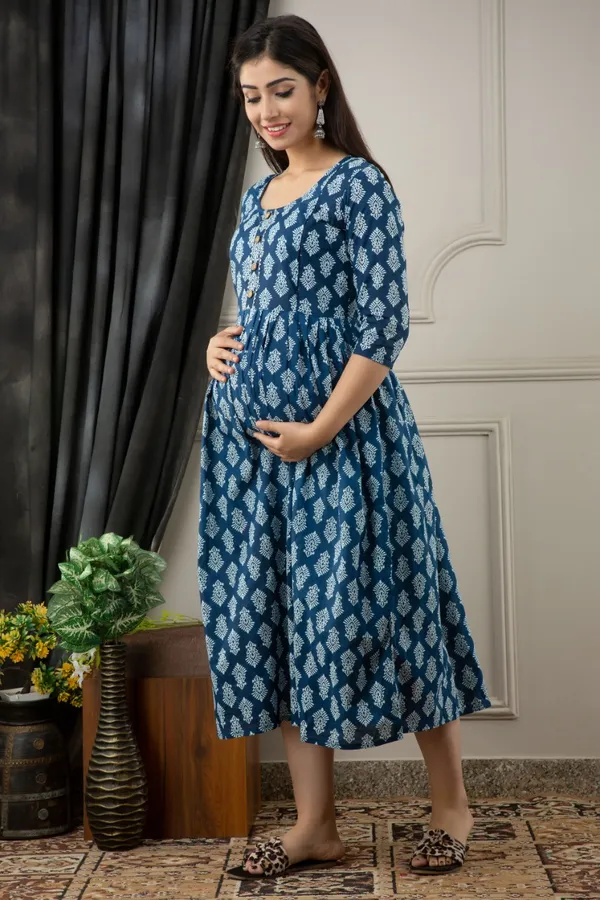 Blue_Cotton_Butti_Printed_Maternity_Kurti