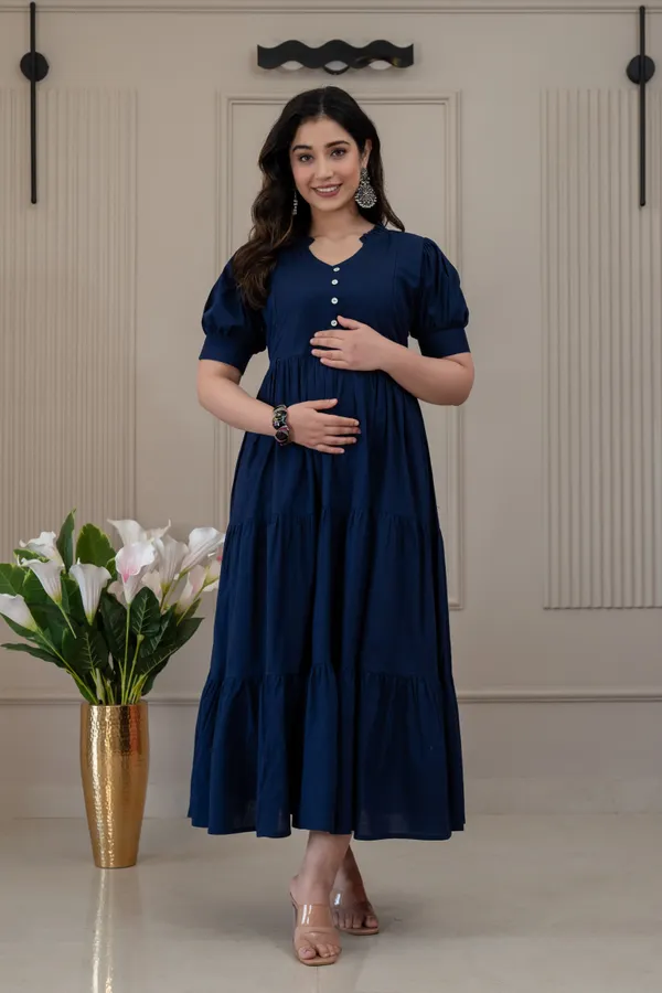 Blue_Solid_Long_Maternity_3_Tire_Dress