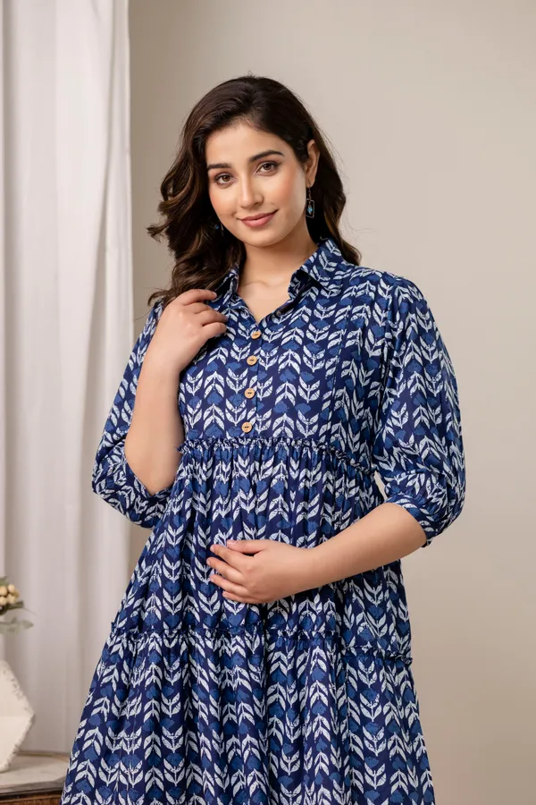 Blue_indigo_leaf_printed_maternity_dress