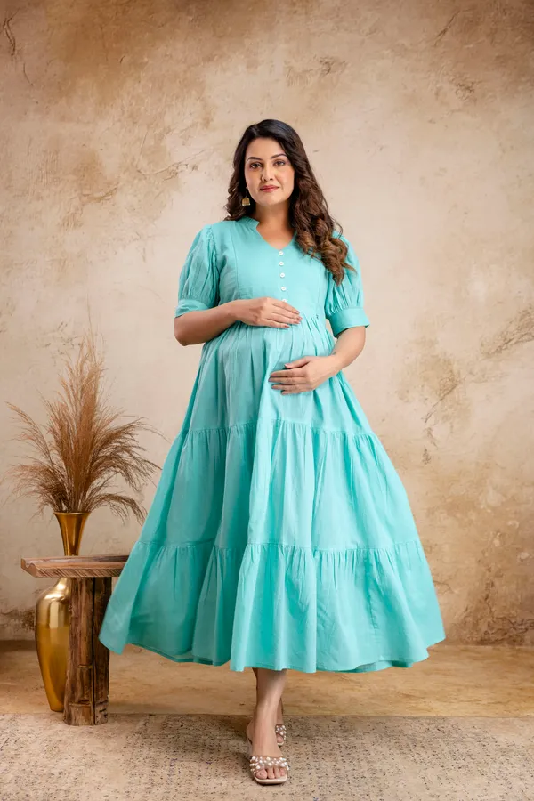 Cotton_Solid_Long_3tier_Maternity_Dress