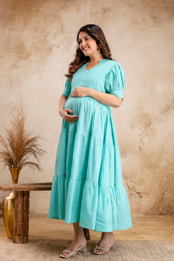 Cotton_Solid_Long_3tier_Maternity_Dress