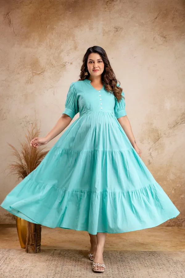 Cotton_Solid_Long_3tier_Maternity_Dress