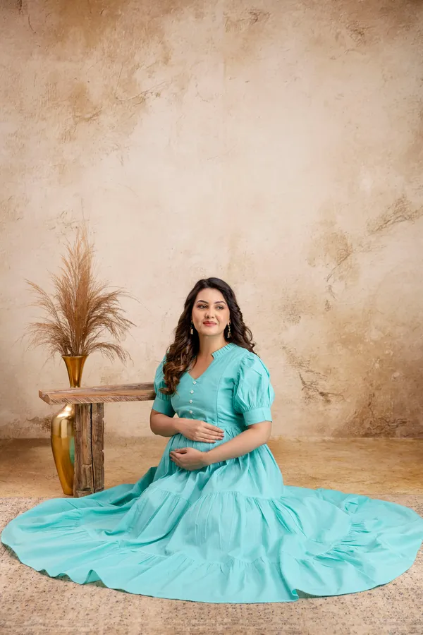 Cotton_Solid_Long_3tier_Maternity_Dress