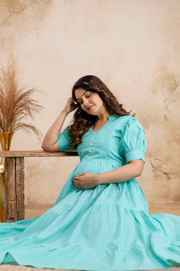Cotton_Solid_Long_3tier_Maternity_Dress