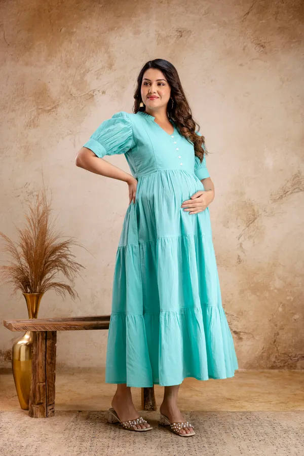 Cotton_Solid_Long_3tier_Maternity_Dress
