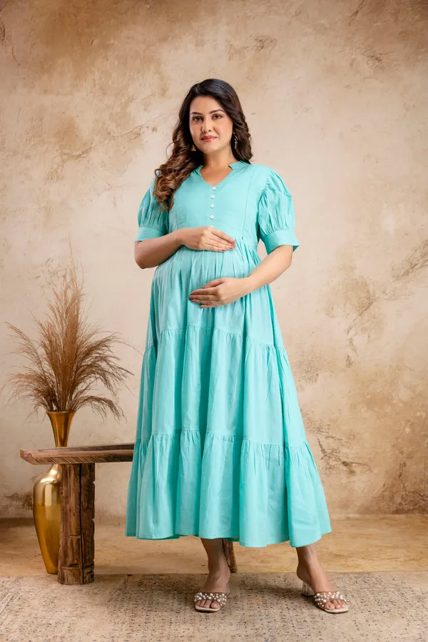 Cotton_Solid_Long_3tier_Maternity_Dress