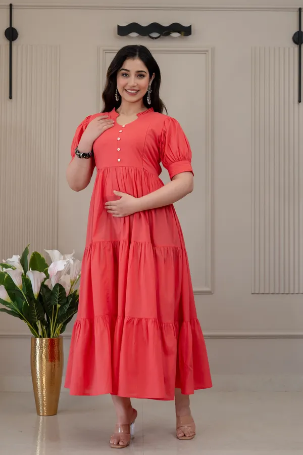 Gajri_solid_long_Maternity_3_Tire_Dress