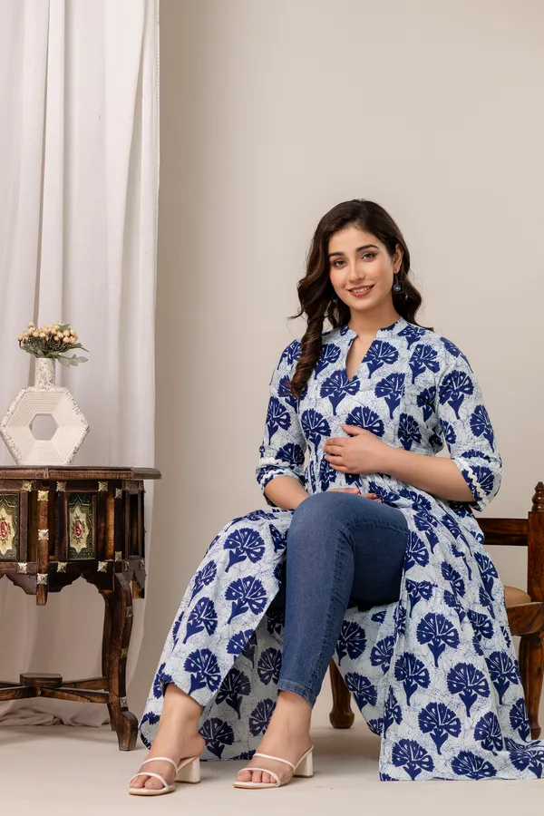 Indigo_blue_flower_printed_maternity_kurti
