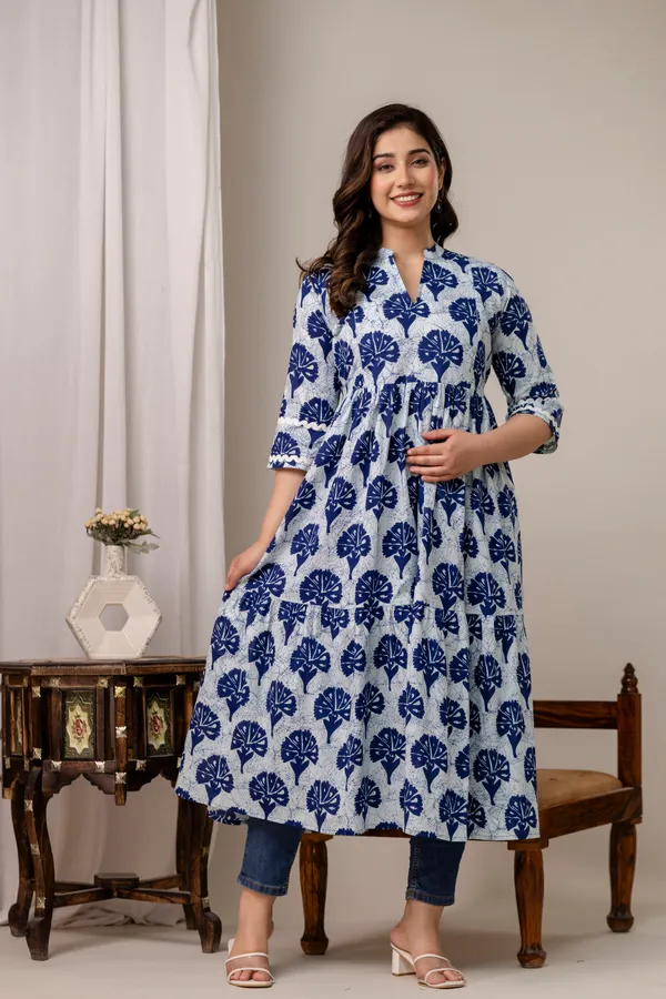 Indigo_blue_flower_printed_maternity_kurti