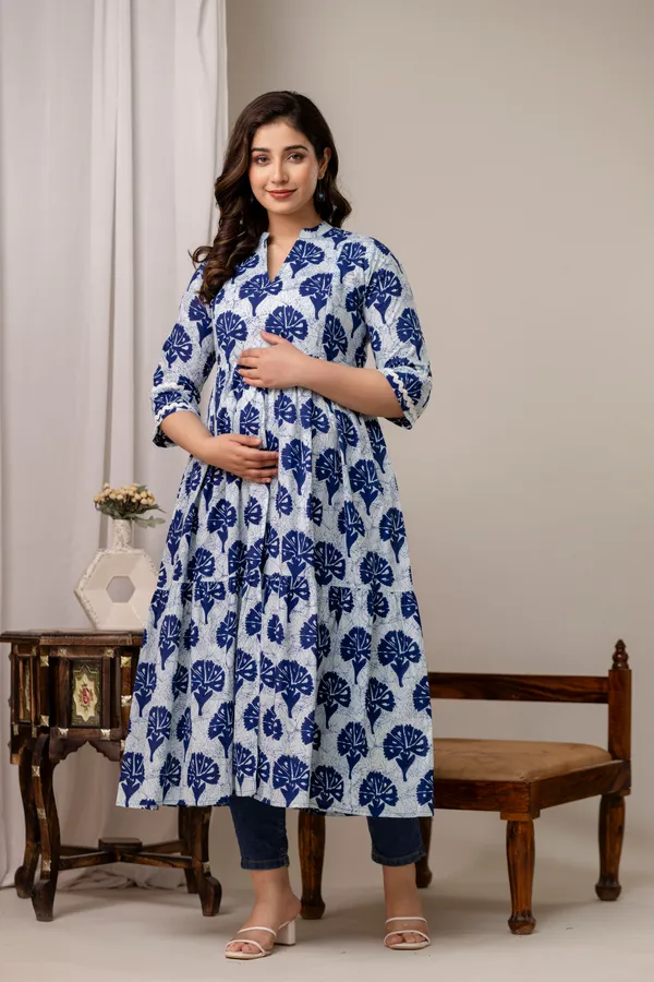 Indigo_blue_flower_printed_maternity_kurti
