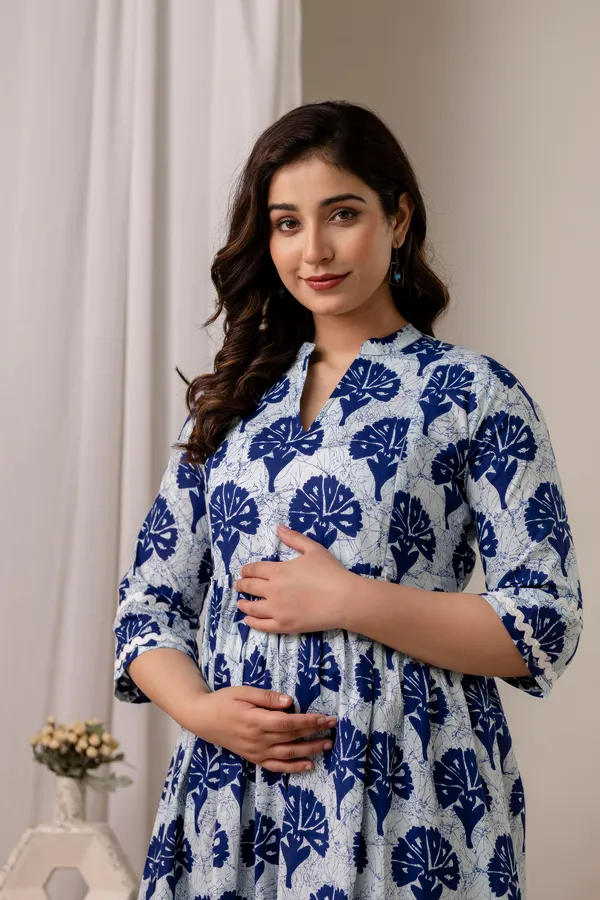 Indigo_blue_flower_printed_maternity_kurti
