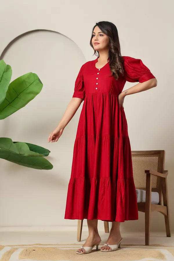 Maroon_Solid_Long_Maternity_3_Tire_Dress