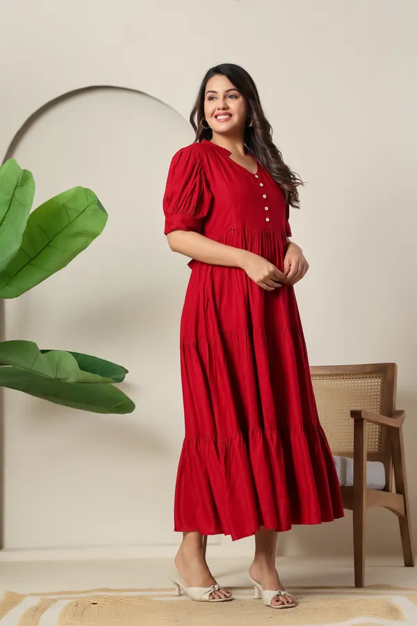 Maroon_Solid_Long_Maternity_3_Tire_Dress