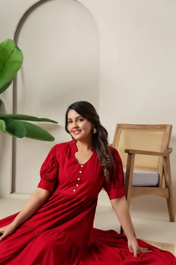 Maroon_Solid_Long_Maternity_3_Tire_Dress