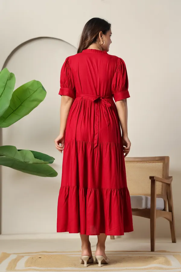 Maroon_Solid_Long_Maternity_3_Tire_Dress