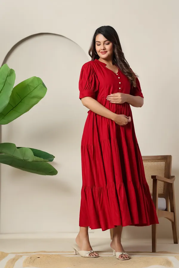 Maroon_Solid_Long_Maternity_3_Tire_Dress
