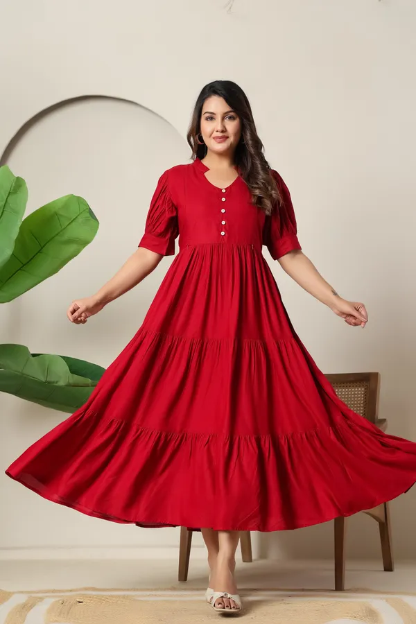 Maroon_Solid_Long_Maternity_3_Tire_Dress