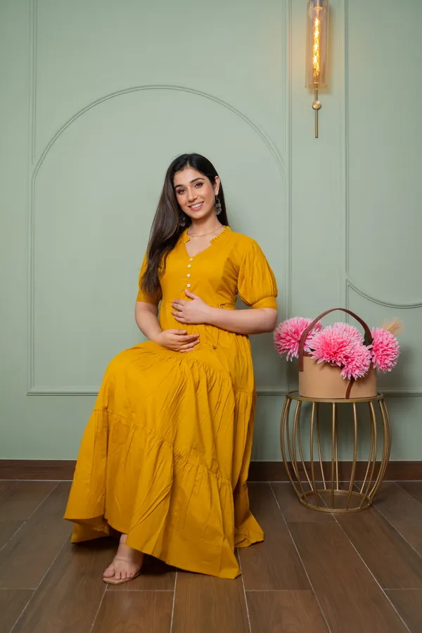 Mustard_Maternity_3_tier_Long_Dress