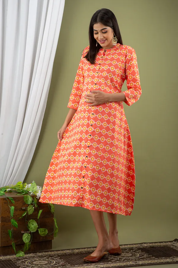 ORANGE_PRINTED_MATERNITY_DRESS